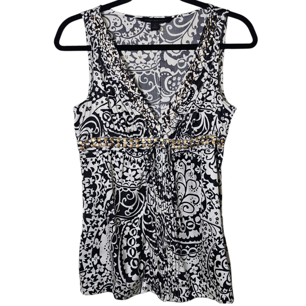 VTG Express S Black White Silk Babydoll Tank Top Camisole Pleats Bling Y2K ~